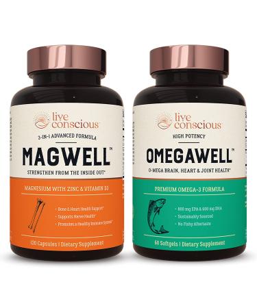 Live Conscious OmegaWell Fish Oil & MagWell Magnesium Zinc & Vitamin D3 | Bone & Heart Health Immune System Support + Heart Brain & Joint Support