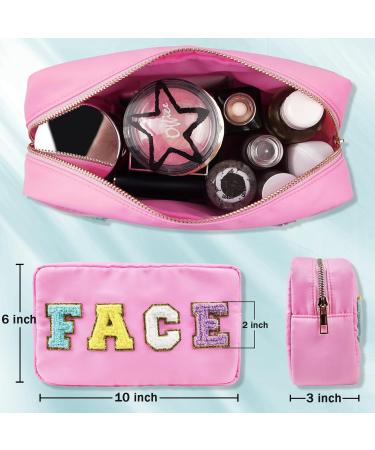 Nylon Waterproof Preppy Makeup Bag - Girls Chenille Letter Travel Organizer Pouch for Toiletries & Cosmetics, Pink-Face - Buy Online on GoSupps.com
