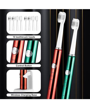 SSBLZYX 2 Pack Sonic Electric Toothbrush for Adults | 35000VPM, 3 Modes, IPX7 Waterproof | 10 Dupont Brush Heads, USB Charging, Holder | Red & Green - Buy Online on GoSupps.com