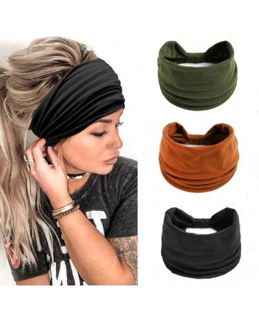 LadayPoa 3 Pcs Headbands for Women Wide Headband Boho Floral Print Knot Elastic Head Band Running Yoga Head Wrap Hairbands solid color 1