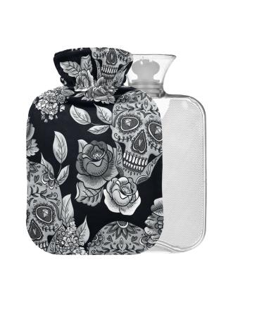 Skull Flowers Hot Water Bottle with Cover 1L Small Hot Water Bag for Pain Relief Cramps BPA Free