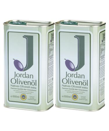 Jordan olive oil - Native olive oil extra 2 x 1 liter - from the Greek island of Lesbos - Traditional Handen - Cold extraction on the day of the harvest - Canister in retro design with output olive oil 2 x 1 liter