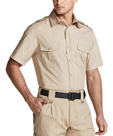 CQR Men's Short Sleeve Work Shirts, Ripstop Military Tactical Shirts, Outdoor UPF 50+ Breathable Hiking Shirt Button Up Commander Khaki X-Large
