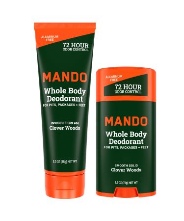 Mando Whole Body Deodorant - Invisible Cream Tube and Solid Stick - 72 Hour Odor Control - Aluminum Free Baking Soda Free Skin Safe - 3.0 Oz Tube and 2.6 Oz Solid Stick - Clover Woods