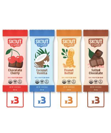Skout Organic Plant-Based Protein Bars Variety Pack (12 Pack) – 10g Protein – Vegan Protein Bars – Only 7 Ingredients or Less – Easy Snack – Gluten, Dairy, Grain & Soy Free Variety Pack 12 Count (Pack of 1)