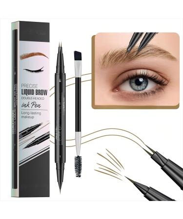 Curved Eyebrow Pen - Eyebrow Pencil Brow Pencil 2-in-1 Dual-Ended Microblading Eyebrow Pen with Micro-Fork-Tip and Precise Brush-Tip Create Natural Hair-Like Brows Long lasting Light brown