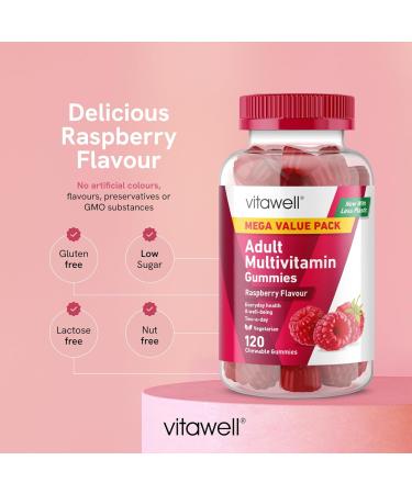 Vitawell Adult Multivitamin Gummies | 120 Raspberry Flavour Gummies | Mega Pack | 2 Months Supply | Two a Day Chewable Adult Multivitamins | 10 Essential Adult Vitamins | by Vitawell 120 count (Pack of 1) - Buy Online on GoSupps.com