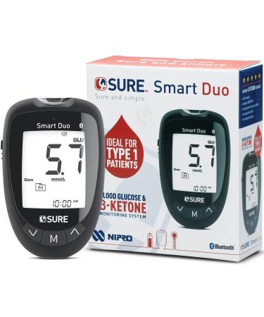 Blood Sugar Test Kit - Blood Glucose & Ketone Test Kit for Type 1 & Type 2 Diabetes - Accurate & Easy to Use Nipro 4SURE Smart Duo Glucometer Monitor System with Smartphone & Bluetooth Connectivity