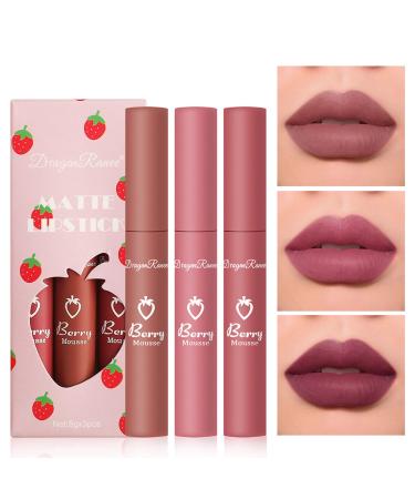 IONSGAKO 3PCS Matte Nude Lipstick Velvet Nude Lip Gloss Non-Drying  Non-Fading  Non-Stick Cup  Matte Lip Stain Long Lasting Waterproof Lipstick for Women Girls Lip Makeup - Set D