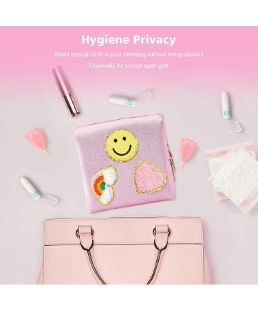Preppy Patch Period Bag for Teen Girls | PU Leather Sanitary Napkin Storage Pouch with Zipper | Menstrual Cup & Tampon Organizer in Pink - Buy Online on GoSupps.com