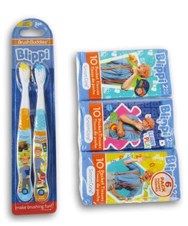 Blippi Toothbrush & Blippi Pocket Tissues Bundle - Kids Travel Kit - Soft Toothbrush 2 Count and Pocket Tissues 6 Count