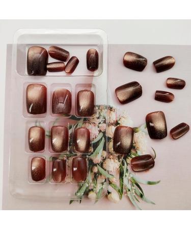 Shop Short Press on Nails - Square Cat Eye Acrylic Nails | Glossy Brown Full Cover False Nails - 24 Pcs for Women - Buy Online on GoSupps.com
