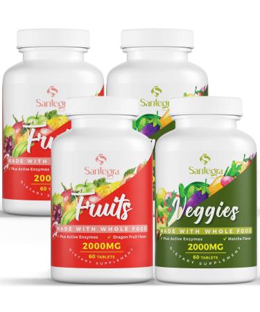 2000 MG Fruit and Veggies Supplement 35+ Fruits and Vegetables for Daily Variety 100% Whole Food Superfoods Natural Vitamins for Women & Men Sugar-Free Gluten-Free Vegan 240 Tablets 60 Count (Pack of 4)