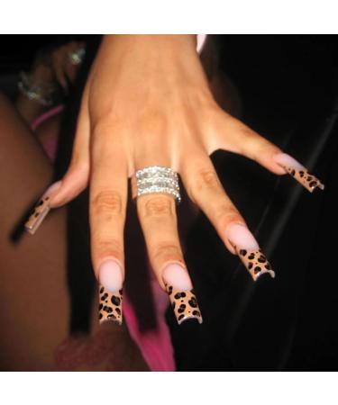 BABALAL Long Press on Nails Square Fake Nails Brown Glue ons Nails Wild Cheetah Design Acrylic Fall Nails 24Pcs French Tip Squoval False Nails ANG07