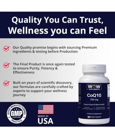 WOW Supplements CoQ10 100 mg with Hawthorn Berry - High Absorption CoQ10 100mg for Energy Production Heart and Cellular Health - Non-GMO Gluten-Free Coenzyme Q10 100mg Supplement - 90 Capsules - Buy Online on GoSupps.com