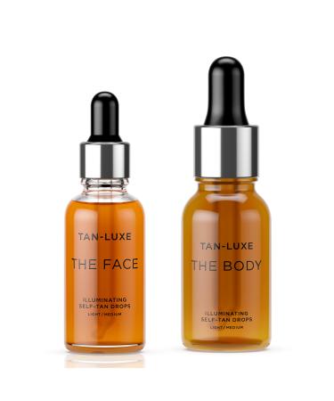 TAN-LUXE Glow Kit - Light/Medium Face & Body Illuminating Self Tan Drops - Self Tanner Drops for Customizable Glow - Add to Your Existing Skincare - 1 The Face 30ml Bottle 1 The Body 50ml Bottle