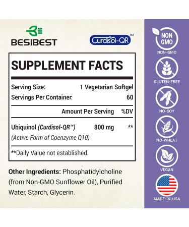 Liposomal Ubiquinol CoQ10 800 MG - High Absorption Antioxidant Supplement for Heart & Brain Health - 120 Vegan Softgels (Pack of 2 - Buy Online on GoSupps.com