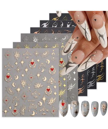 6 Sheets Sun Star Nail Art Stickers Moon Nail Stickers Fish Bone Nail Decals Gold Rose Sliver Fish Bone Moon Star Design Nail Art Supplies for Women Girls Acrylic Nails Decorations Salon Accessories A-6