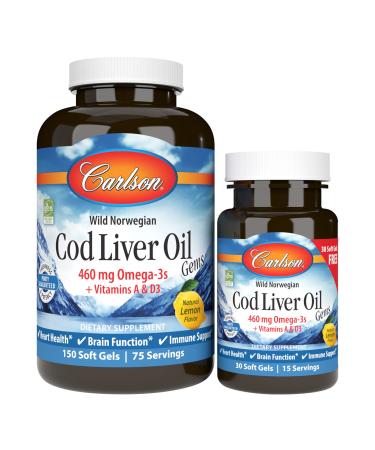 Carlson - Cod Liver Oil Gems, 460 mg Omega-3s + Vitamins A & D3, Wild-Caught Norwegian Arctic Cod Liver Oil, Sustainably Sourced Nordic Fish Oil Capsules, Lemon, 150+30 Softgels 180 Count (Pack of 1)