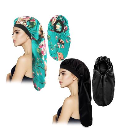 2Pcs XL Satin Bonnet Set for Sleeping | Soft & Comfortable Hair Bonnets for Women | Black+Indigo Pattern - Buy Online on GoSupps.com