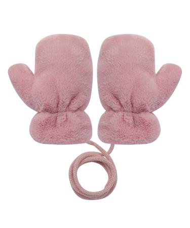 MoonLove Kids Warm Hangable Gloves Full Finger Soft Skin-Friendly Comfortable Plush Mittens Baby Toddler Infant Winter Mitten with String Windproof Coldproof Hanging Neck Hand Warmer Pink