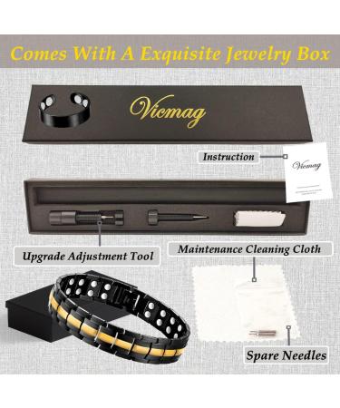 Vicmag Men Magnetic Bracelet - Double Row 3500 Gauss Titanium Steel Wristband in Black Gold Line with Adjustment Tool & Gift Box - Buy Online on GoSupps.com