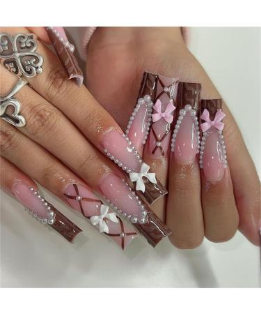 CRAZYNEKOS Soild Pearl Fake Nail Long Square Press on Nails Chocolate Brown French Tips Nail Art Decoration for Women and Girls Manicure 24pc