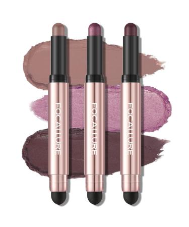 FOCALLURE 3 Pcs No Crease Eyeshadow Sticks Shimmer & Matte Eye Shadow Crayon Set with Blending Sponge Brush Smooth Texture Cream Eye Highlighter Pen Long Lasting Waterproof Eyeshadow Brightener Stick Makeup Limerence