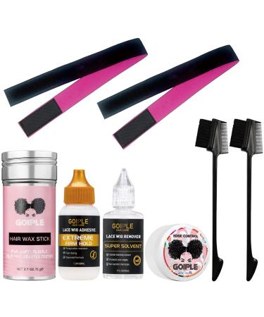 Wig Glue 1.34OZ, Waterproof Lace Front Wig Glue for Wigs with Tools and Hair Wax Stick (Wig Glue/Wig Glue Remover/Hair Wax Stick/Edge Control Wax/Pink Elastic Bands*2/Hair Dual Drush*2)