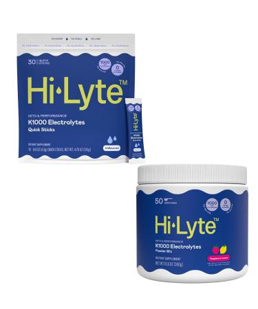 Hi-Lyte Hydration Bundle - Keto K1000 Unflavored Electrolyte Packets (30 Servings) and Keto K1000 Raspberry Lemon Electrolyte Powder (50 Servings)