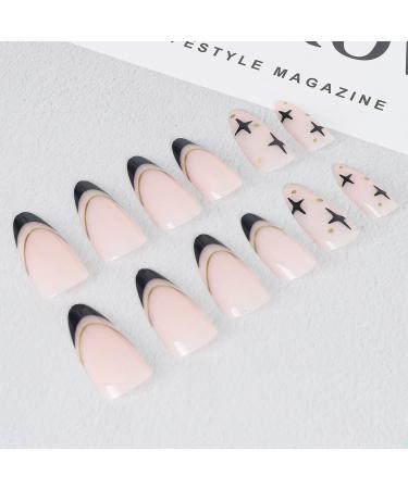 Buy Vaveah 24 Pcs Medium Press on Nails - Acrylic Stiletto Fake Nails with Stars & Glue for Women - Black French Design - Buy Online on GoSupps.com
