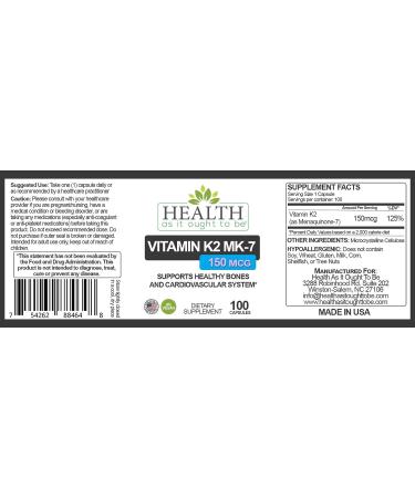 Vitamin K2 MK-7 150mcg 100 Capsules - Soy Free, Purity Tested - Works with Vitamin D - Health As It Ought To Be - Buy Online on GoSupps.com