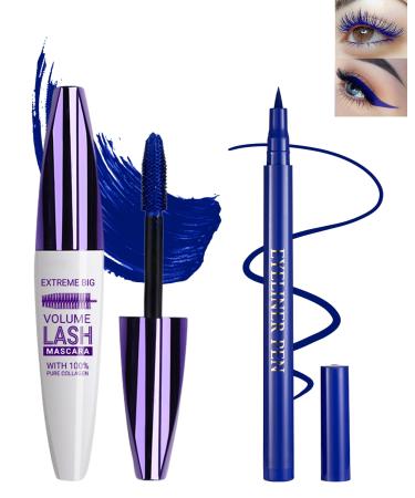 Blue Voluminous Mascara & Waterproof Eyeliner Pen Set- Smudge-Proof Long-Lasting Colored Mascara Liquid Matte Eyeliner 5D Lengthening Curling Thick Lashes Color Mascara Tubing Women Vegan Eye Makeup