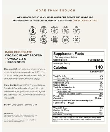 plenti Organic Plant-Based Protein Powder: Dark Chocolate - 20g Pea Protein + Probiotics Digestive Enzymes & Omega 3-6 Gut Friendly Sugar Free 27 Servings (2 lbs) - Buy Online on GoSupps.com
