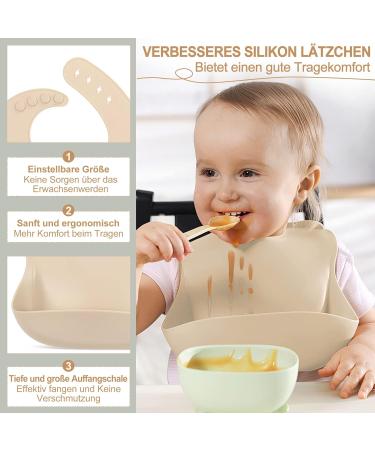 MOJINL Silicone Baby Tableware Set - 7 Piece Non-Slip BPA Free Set with Suction Cups Learning Cutlery Bowl Bib & Plate - Ideal for Toddlers - Beige - Buy Online on GoSupps.com