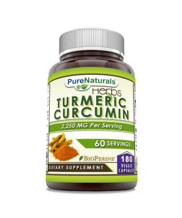 Pure Naturals Turmeric Curcumin with Bioperine 2250 mg Per Serving Supplement | Veggie Capsules | Non-GMO | Gluten Free | Made in USA (1 Pack 180 Count) 180 Count 1 Count (Pack of 1)