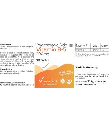 Vitamine B5 Acide Pantoth nique 200mg - V gan - Boite de 180 comprim s - ! POUR 6 MOIS ! | Vitamintrend  - Buy Online on GoSupps.com