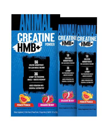Animal Creatine HMB Powder 3g myHMB + 5g Creatine with Electrolytes for Recovery & Daily Energy Power Punch (3) and Dragon Berry (2) Stick Pack Samples 5 Servings