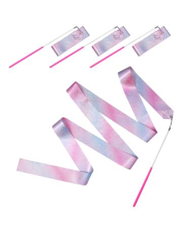 AIEX 4 Pcs Dance Ribbons, Sparkling Pink Gymnastics Ribbon Wand Rhythmic Dance Ribbons, Dancers Ribbon Streamers Dancing Equipment for Gymnastics Birthday Party Playing