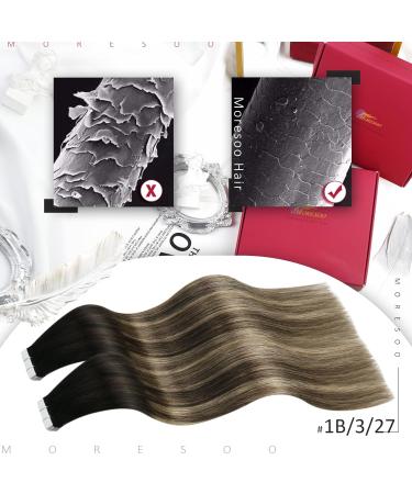 Moresoo Tape in Hair Extensions Real Human Hair Tape in Extensions Natural Black Ombre to Dark Brown with Caramel Blonde Hair Extensions Tape in Real Hair 20 Inch 20 Pieces/50g #1B/3/27 20 Inch 1.#1B/3/27 - Buy Online on GoSupps.com