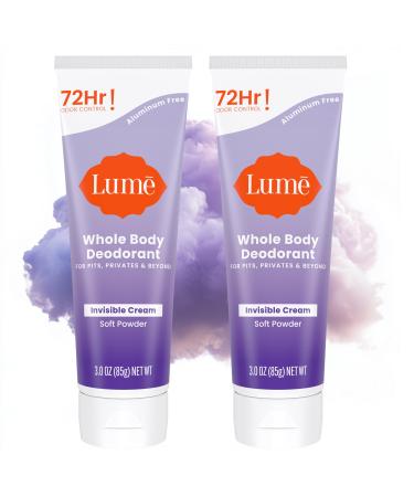 Lume Whole Body Deodorant - Invisible Cream Tube - 72 Hour Odor Control - Aluminum Free Baking Soda Free Skin Safe - 3.0 ounce (Pack of 2) (Soft Powder) Soft Powder 3 Ounce (Pack of 2)