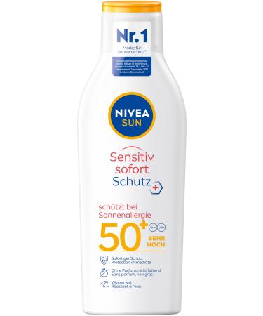 NIVEA Sun sensitive immediate protection sun lotion LSF 50+ (200 ml) sunscreen with SPF 50+ for sensitive skin waterproof & perfume -free sun protection with sun allergy Schuetz - Buy Online on GoSupps.com