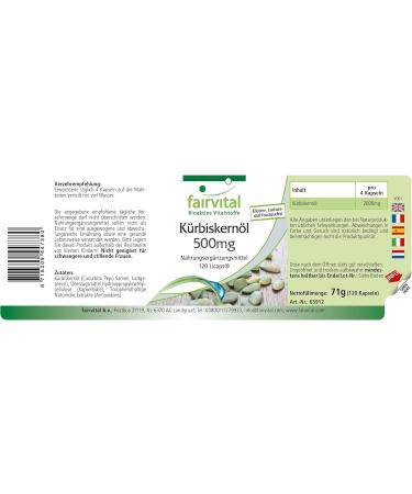 Fairvital | Pumpkin Seed Oil 500mg VEGAN - High Dosed - 120 Licaps - Cold Pressed - Buy Online on GoSupps.com