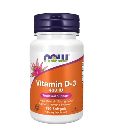 NOW Supplements, Vitamin D-3 400 IU, Strong Bones*, Structural Support*, 180 Softgels Unflavored 180 Count (Pack of 1)