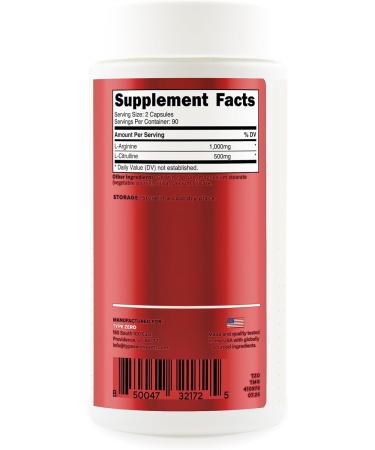 Type Zero L-Arginine + L-Citrulline Supplement (1500mg) - Nitric Oxide Booster - Clean Keto-Friendly GMO-Free 180 Capsules 90 Servings - Buy Online on GoSupps.com