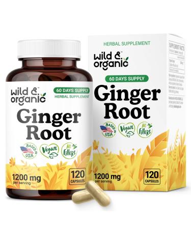 Wild & Organic Ginger Root Capsules 1200 mg - Immune & Digestive Support - Ginger Root Supplement - Zingiber Officinale Powder - 60 Days of Supply - Vegan No Fillers Non-GMO - 120 Count 120 Count (Pack of 1)