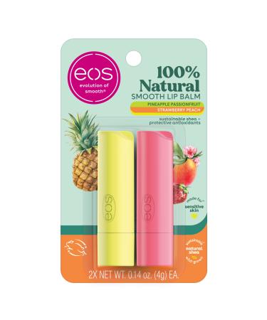 eos 100% Natural Lip Balm - Strawberry Peach and Pineapple Passionfruit, Dermatologist Recommended, All-Day Moisture, 0.14 oz, 2 Pack Strawberry Peach & Pineapple Passionfruit