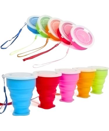 Stouge 5 Pack Silicone Collapsible Travel Water Cup Portable Camping Cup with Lids Food Grade Mugs Set for Outdoor Drinking 5 Pack-Blue-Orange-Green-Pink-Red