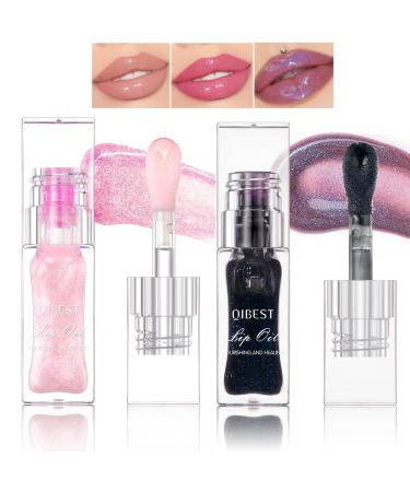 Magic Color Changing Lip Oil Temperature Change Lip Glow Oil Moisturizing Plumping Lip Gloss No-Sticky Transparent Lip Care Tinted Lip Gloss Oil (Pink + Black)
