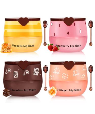 AWCCXMYM 4 PCS Bee Lip Balm Honey Pot Hydrating & Preventing Dry Honey Balm Lip Balm Honey Strawberry Collagen Chocolate Moisturizing Lip Sleeping Mask with Sticks 4pcs(Honey & Strawberry & Collagen & Chocolate)